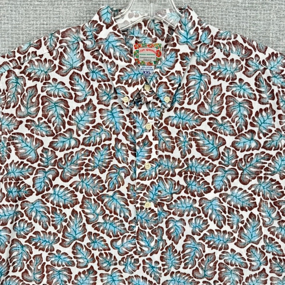 Vtg 90's Reyn Spooner Shirt Sz 2XL Brown Blue Leaves Tree Hawaii Kloth Popover